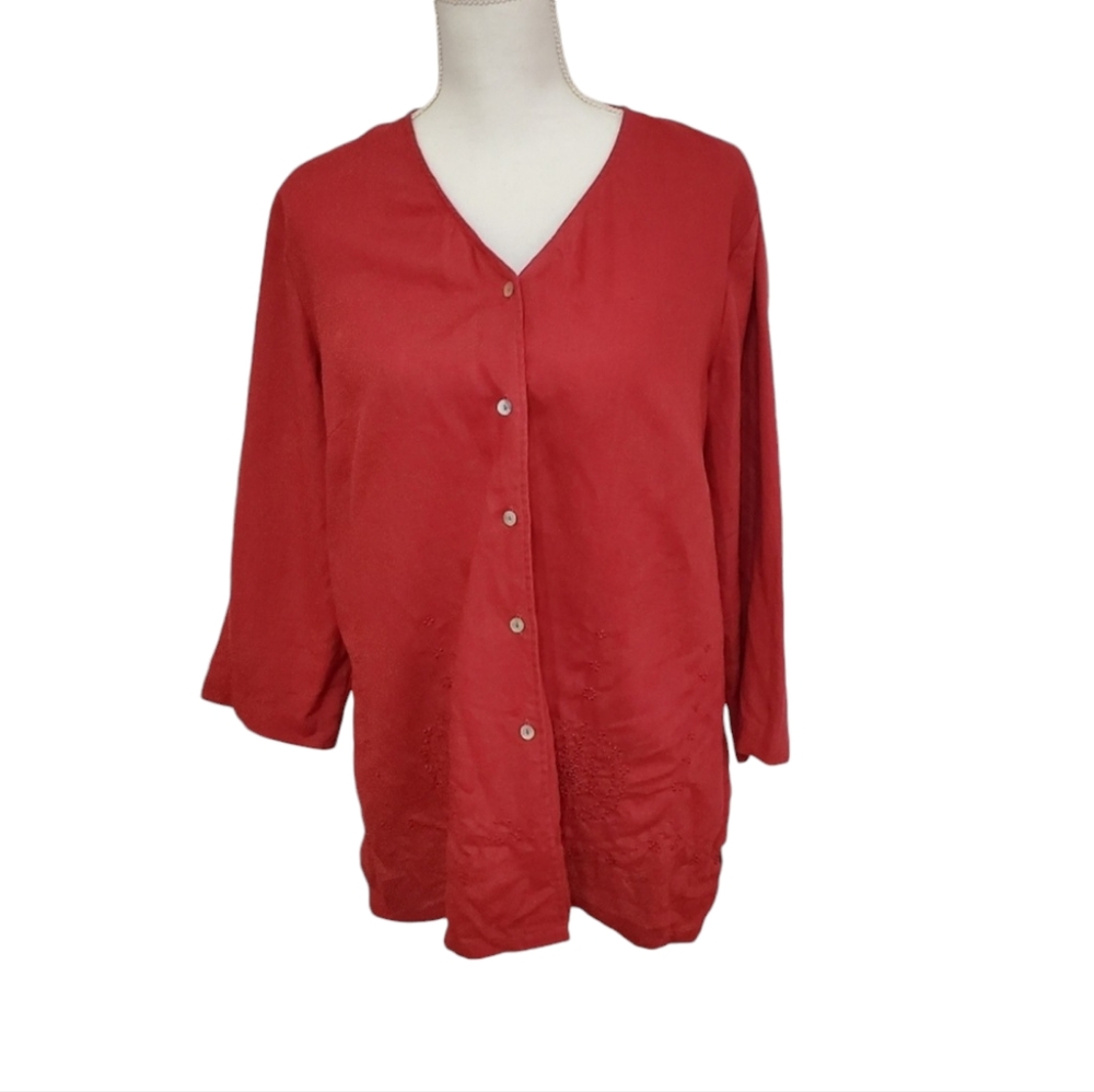 Richard Malcolm 100% Linen Blouse in Mulberry Red, Size Large